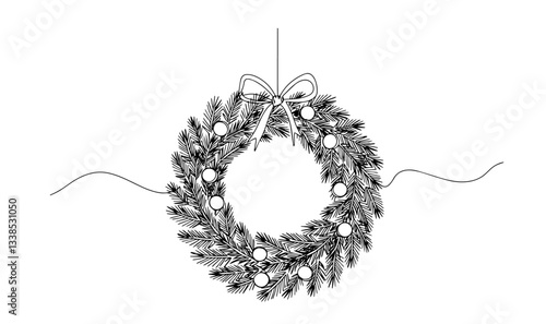 christmas wreath pine branches bow vector monoline one line line art sketch illustration