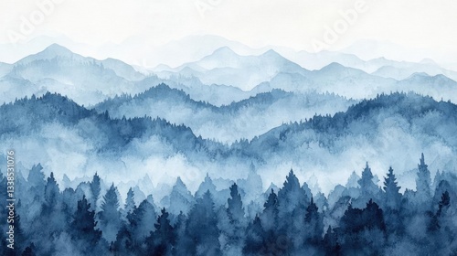 Blue Watercolor Mountain Landscape with Fog and Mist in the Hills and Valleys and Forests of the Mountains and Sky with Calm and Serene Shades of Blue Colors and Atmospheric Serenity Tranquil View