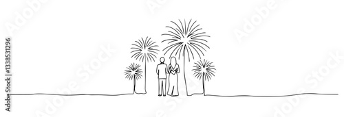 wedding couple fireworks vector monoline one line line art sketch illustration
