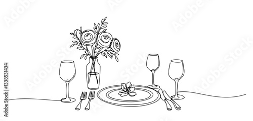 wedding tableware monoline vector, one line elegant dining illustration