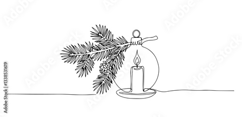 christmas composition with ornament, candle, and pine branch monoline vector, one line holiday decoration