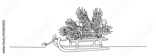 christmas centerpiece with pine branches on sled monoline vector, one line holiday decoration