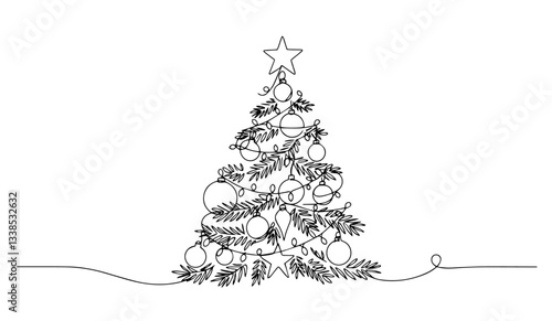 christmas tree monoline vector, one line holiday illustration