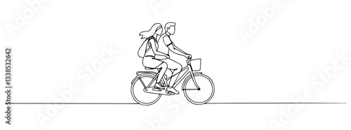 couple riding one bicycle monoline vector, one line romantic illustration
