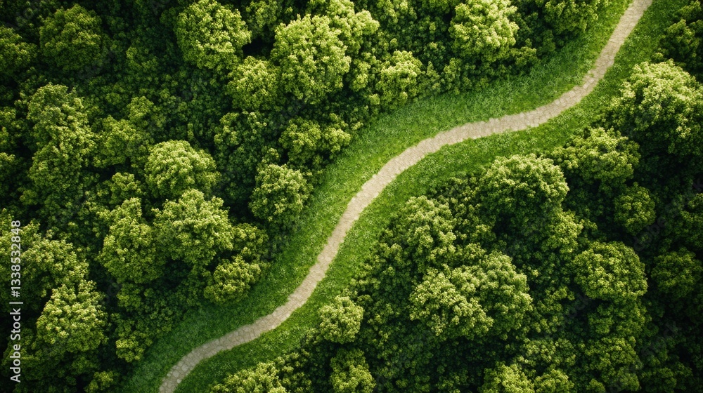 Aerial view of a winding forest path Aerial view of a winding forest path