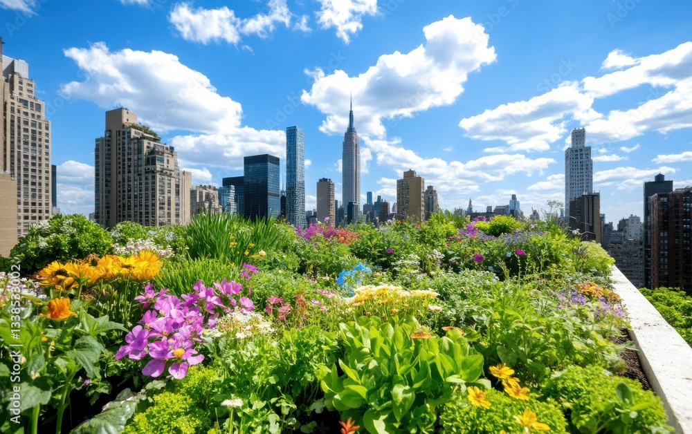 Diverse garden flourishing on rooftop with a vibrant skyline of New York City in the background Diverse garden flourishing on rooftop with a vibrant skyline of New York City in the background