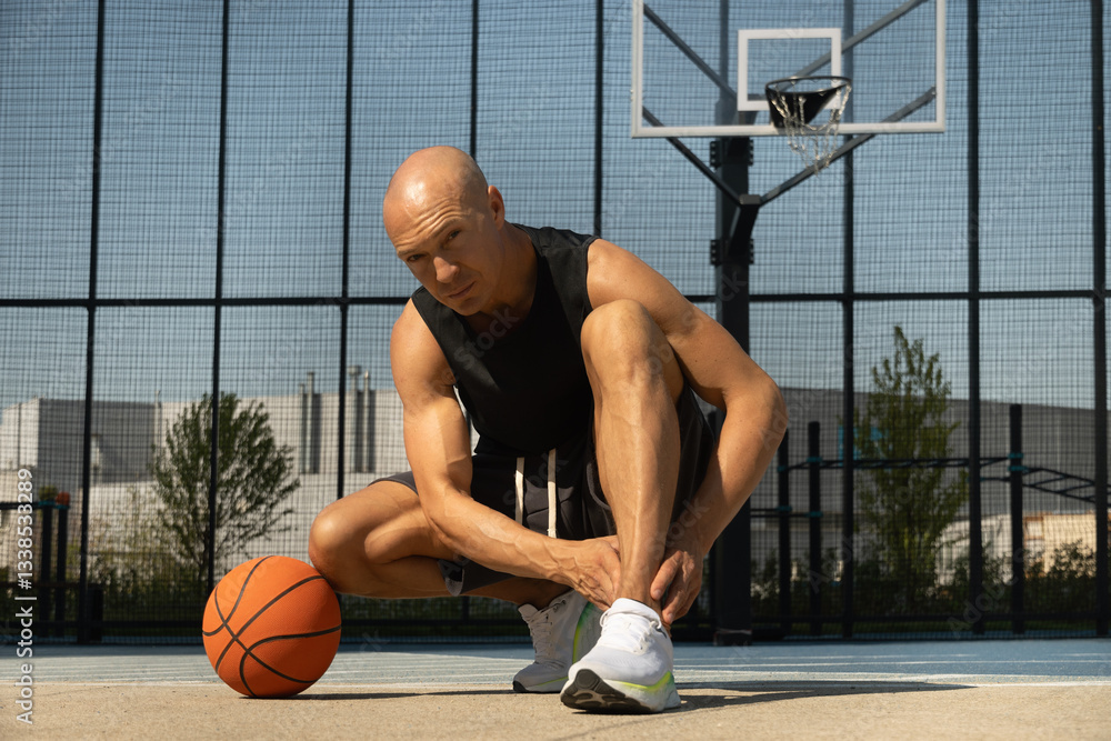 Basketball ankle injury or pain. Basketball player check legs after workout of sport stadium. Professional athlete or sportsman with accident. Man check pain in leg after sport workout.