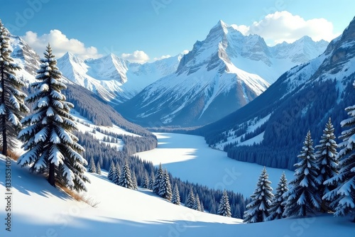 Wallpaper Mural The Ossola Valley with snow-covered trees and a frozen lake in the distance, mountain, lake Torontodigital.ca