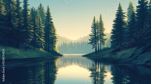 Peaceful Forest Reflection at Dawn with Green Trees and Calm Water