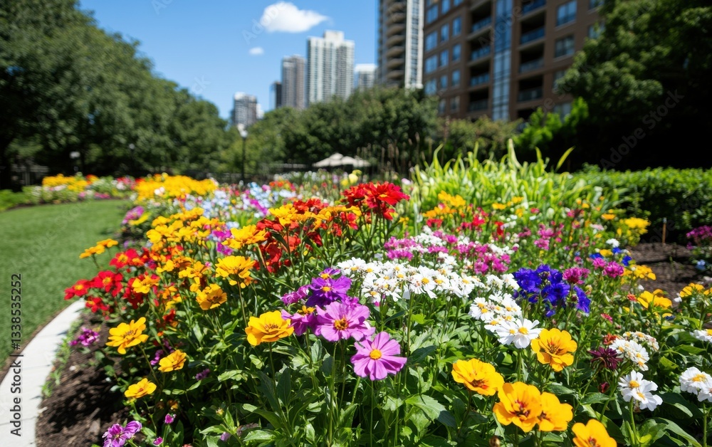 Vibrant garden filled with diverse flowers continuously blooming in an urban setting during a sunny afternoon
