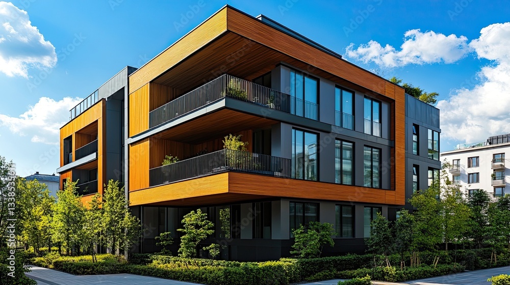 Modern building corner with wooden and glass facade, symbolizing architectural innovation, sustainability, and the beauty of contemporary design, showcasing the use of natural materials and. Modern building corner with wooden and glass facade, symbolizing architectural innovation, sustainability, and the beauty of contemporary design, showcasing the use of natural materials and.