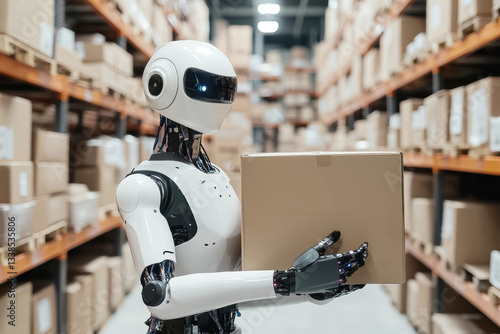 Robotic worker carrying cardboard box inside automated warehouse, representing ai-driven logistics efficiency