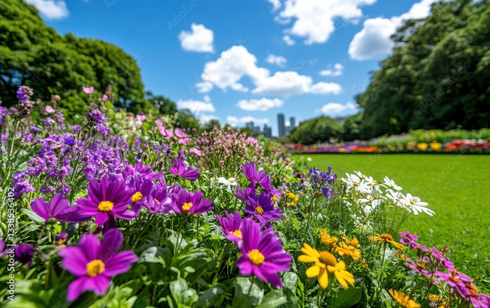 Vibrant wild garden showcasing untamed greenery and colorful blooms under a sunny sky Vibrant wild garden showcasing untamed greenery and colorful blooms under a sunny sky