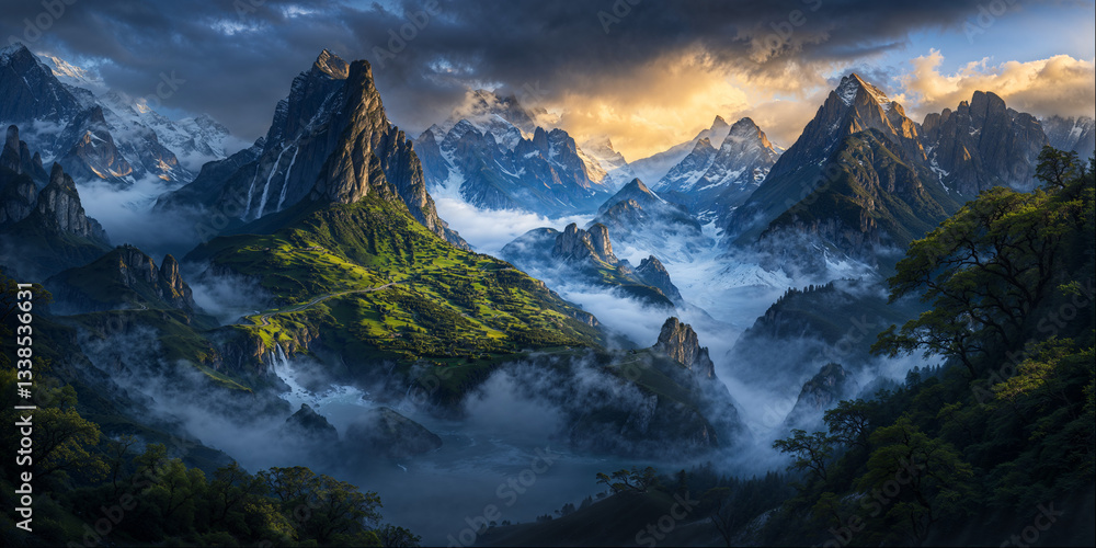 Obraz premium The dramatic contrast of jagged mountains against a stunning sunset, with fog rolling through valleys, creating a breathtaking tapestry of colors and textures.