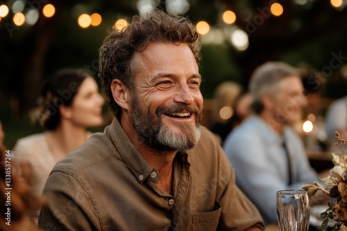 Man with curly hair and beard smiling at outdoor gathering during evening celebration surrounded by friends and lights