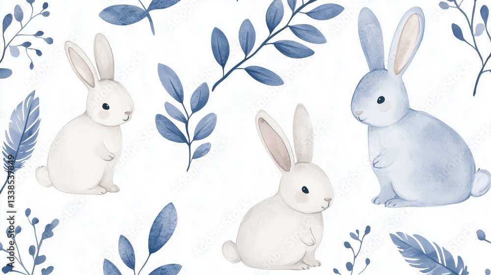 Fototapeta premium Whimsical watercolor bunnies with leaves and feathers