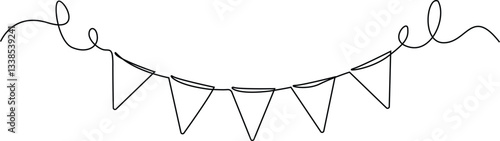 Continuous line drawing. Buntings garland. Party flags. Symbol of celebration. Black isolated on white background. Hand drawn vector illustration.