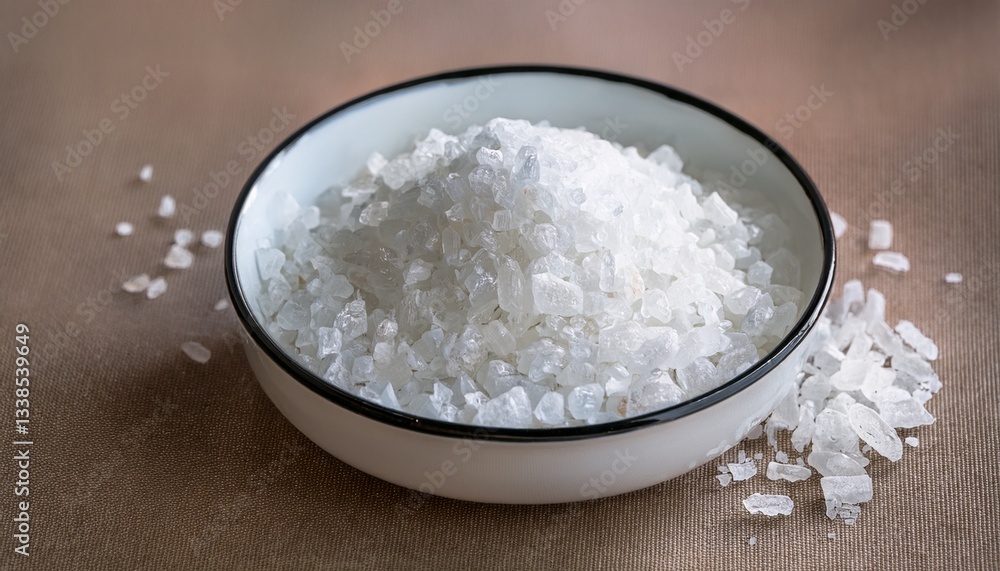 Salt Displayed in a Simple Bowl With Scattered Crystals on a Textured Surface in Natural Light Salt Displayed in a Simple Bowl With Scattered Crystals on a Textured Surface in Natural Light