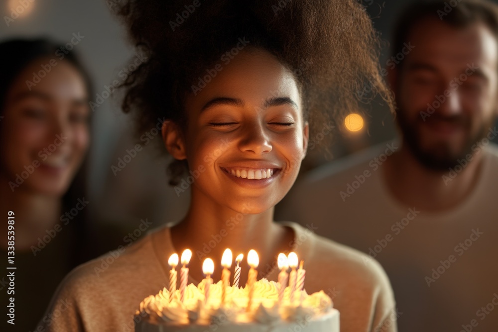 Friends celebrate a birthday with a joyful woman holding a cake adorned with lit candles in a cozy atmosphere Friends celebrate a birthday with a joyful woman holding a cake adorned with lit candles in a cozy atmosphere