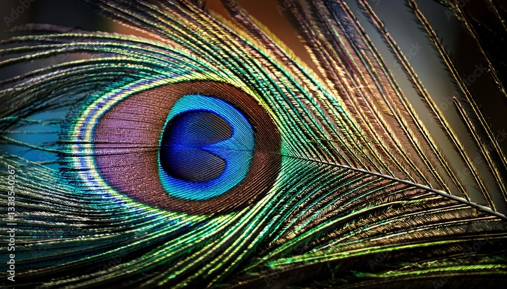 Fototapeta premium Vibrant Peacock Feather Showcasing Intricate Patterns and Bold Colors in Natural Light