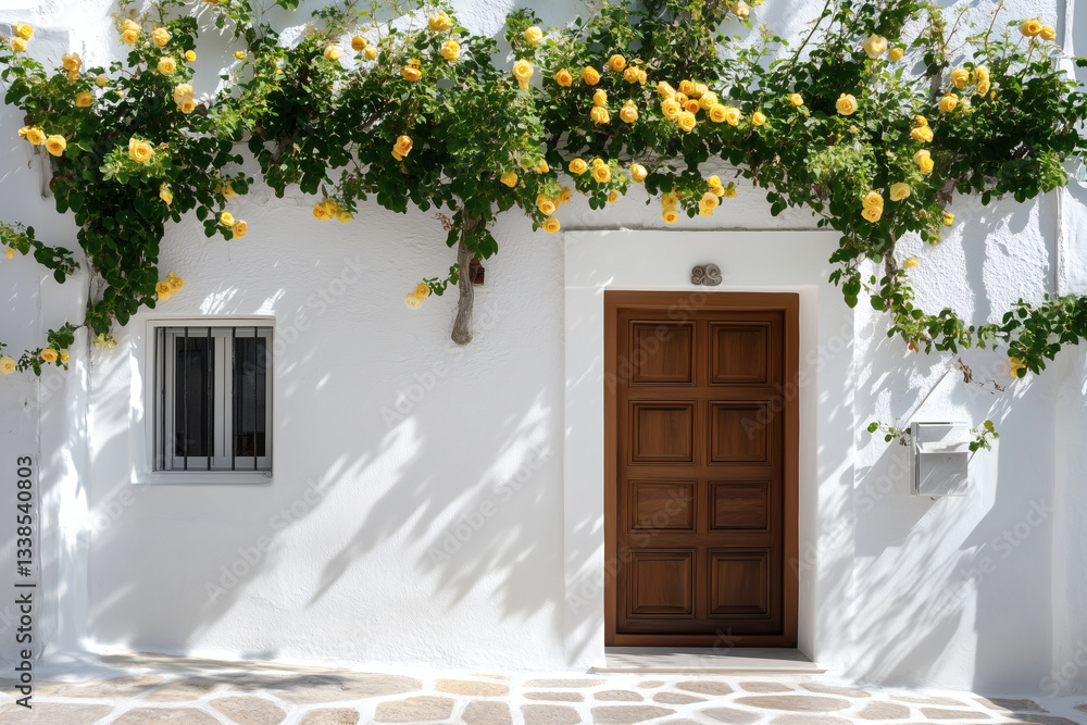 Fototapeta premium Yellow flowers on a white wall with a brown door.