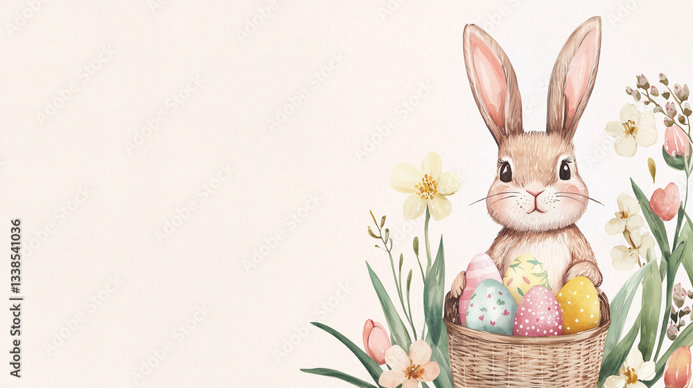Fototapeta premium Cheerful Easter Bunny with Spring Flowers in Pastel Watercolors