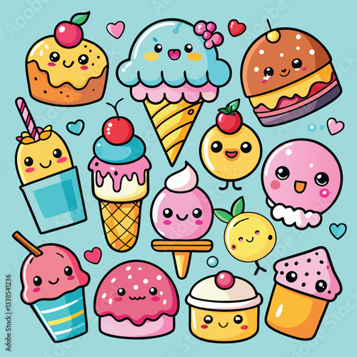 Digital Stickers Collection  Set of tasty ice cream stickers. Yummy street food, confectionery snacks a collection of isolated ice cream cones, popsicles and fruit ice with different fillings.
