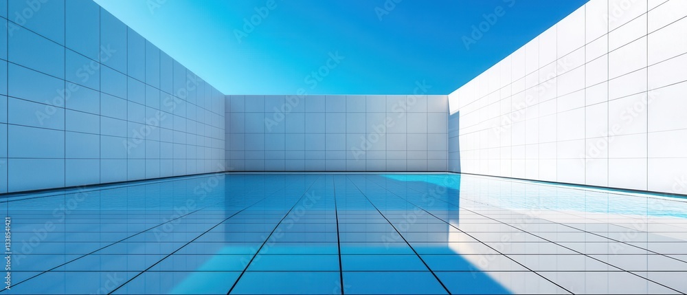 Obraz premium Serene architectural space with tiled walls and floor reflecting a clear blue sky creating a modern and minimalist aesthetic and a tranquil visual mood