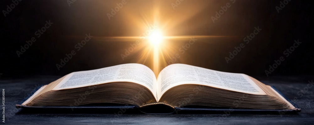 Naklejka premium Create Opportunities leadership goal-setting concept. An open book with a bright light shining behind it.