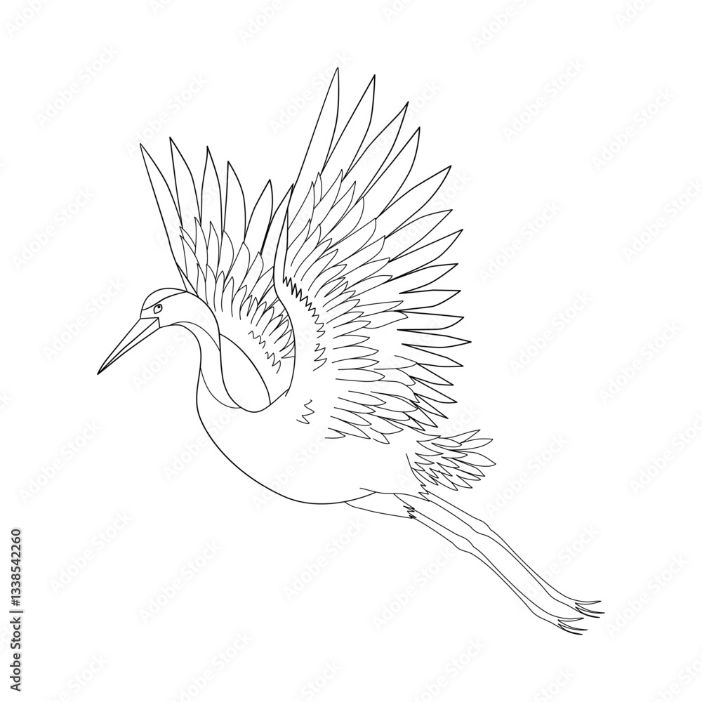 Fototapeta premium Black and white line drawing illustration of a heron bird flying with wings outstretched. Simple and elegant design.