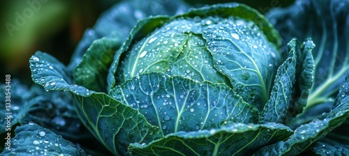 Wallpaper Mural Close-up of a Fresh, Organic Savoy Cabbage Head with Water Droplets Growing in a Lush Garden Torontodigital.ca