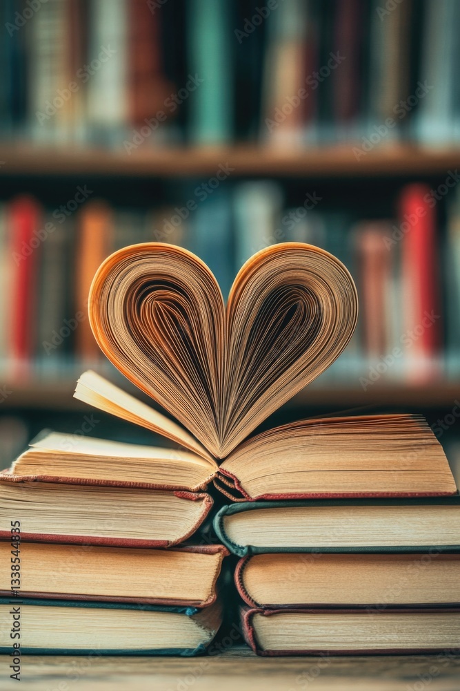 A stack of books with one book having a heart-shaped cover, great for Valentine's Day or romance-themed projects A stack of books with one book having a heart-shaped cover, great for Valentine's Day or romance-themed projects