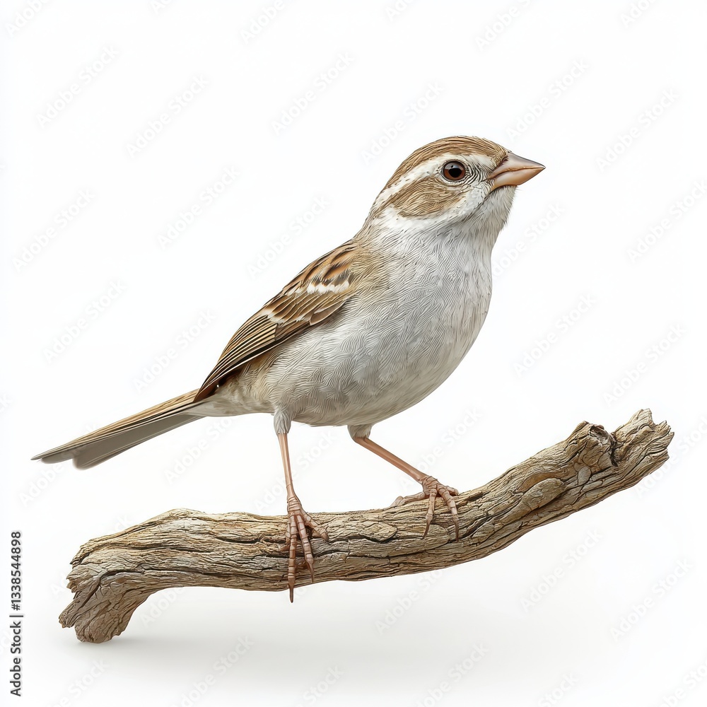 Fototapeta premium Detailed profile of a small songbird perched on a branch with a neutral background and natural feather coloration