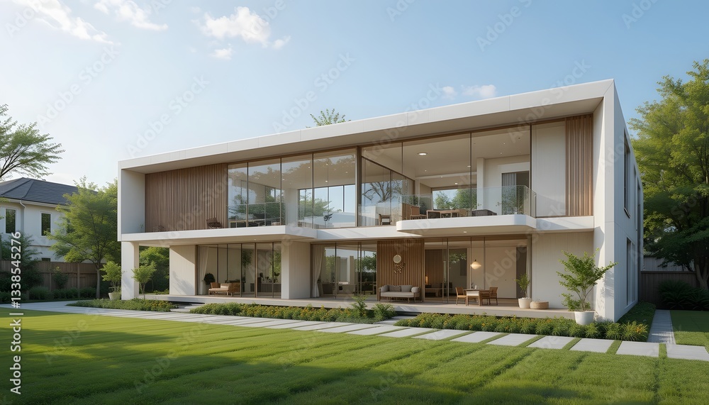 Modern two-story house with large windows and landscaped yard. Modern two-story house with large windows and landscaped yard.