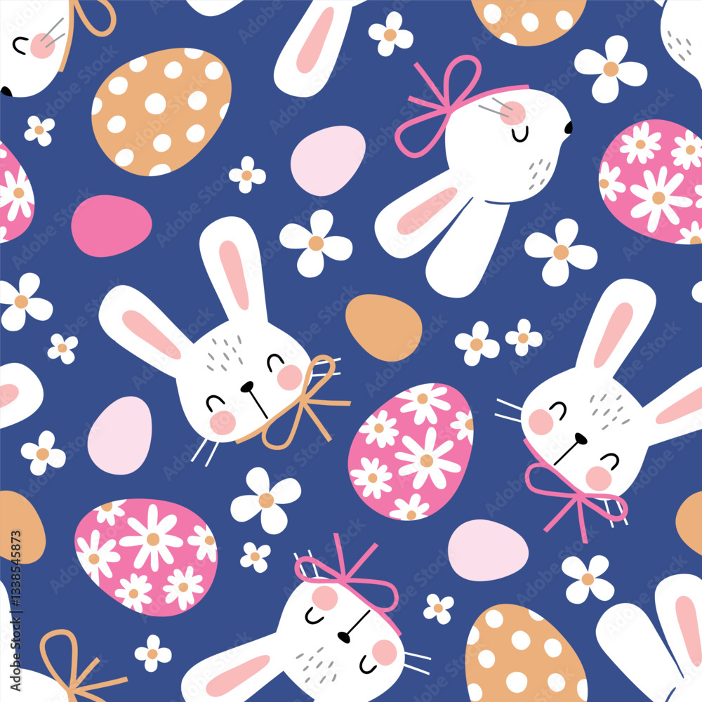Obraz premium Seamless vector pattern with white rabbit head, Easter eggs and tiny flowers. Hand drawn cute Easter bunny pattern. Perfect for textile, wallpaper or nursery print design. EPS 10 vector file.