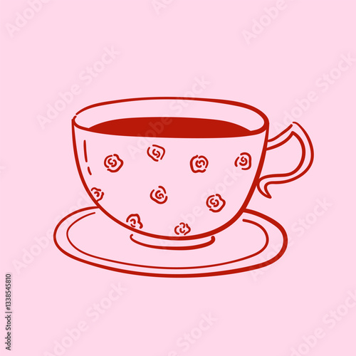 Cute ceramic cup for coffee and tea with rose flowers. Doodle drawing of elegant mug. Vintage kitchen decor. Whimsical vector illustration