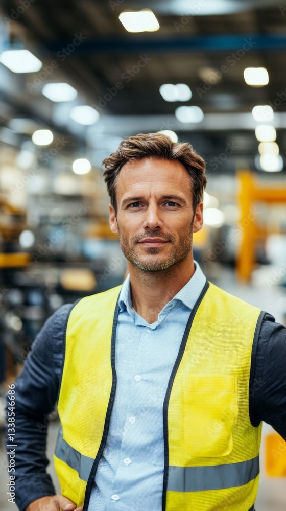 A man dressed in a bright yellow vest standing confidently with a serious expression against a neutral background A man dressed in a bright yellow vest standing confidently with a serious expression against a neutral background