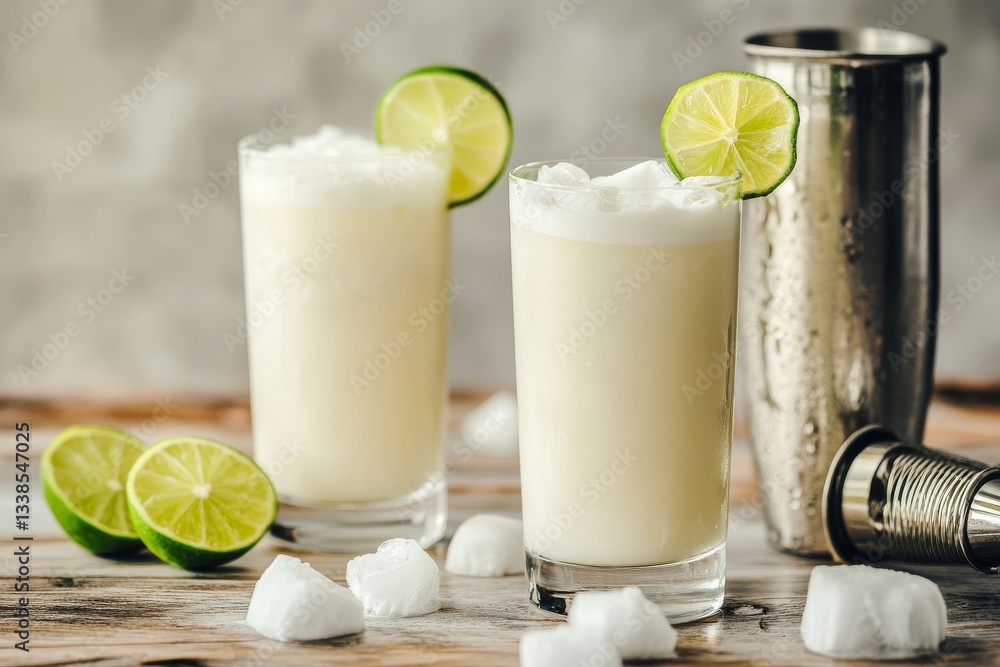 Refreshing lime pisco sours with shaker on rustic wooden table Refreshing lime pisco sours with shaker on rustic wooden table