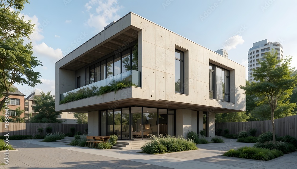 Modern concrete building surrounded by greenery and urban landscape.