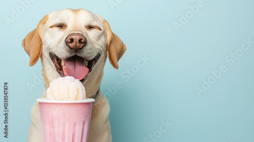 Happy dog enjoying ice cream in a pink cup against a blue background.