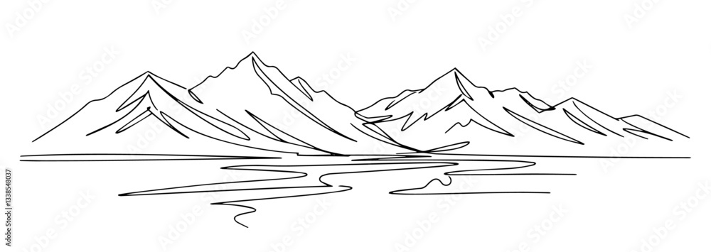 Fototapeta premium Altai Mountains with rugged peaks and pristine rivers line art one line vector