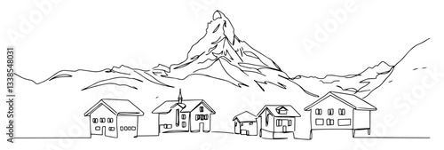 Alpine village at the foot of the Matterhorn in Switzerland linear monoline vector black and white graphic thin oneline