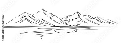 Altai Mountains with rugged peaks and pristine rivers line art one line vector