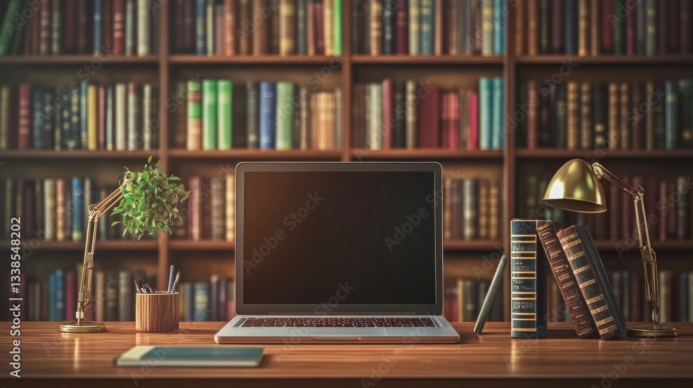 A laptop computer sits atop a wooden desk, ready for use A laptop computer sits atop a wooden desk, ready for use