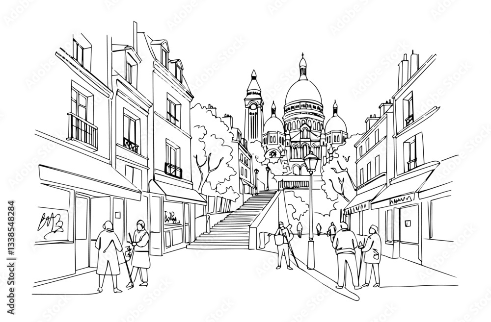 Naklejka premium bustling Montmartre district in Paris with its artists and Sacré-Cœur Basilica monoline vector line art sketch