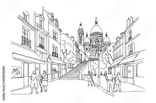 bustling Montmartre district in Paris with its artists and Sacré-Cœur Basilica monoline vector line art sketch