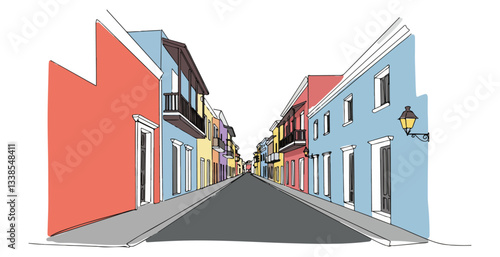 colorful streets of Old San Juan, Puerto Rico, colonial street vibrant architecture illustration