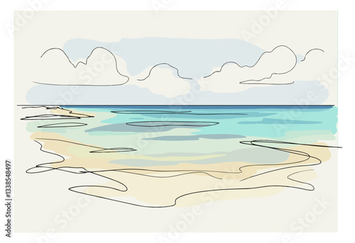 crystal-clear lagoons of Turks and Caicos, minimalist beach scene tranquil ocean and sky illustration