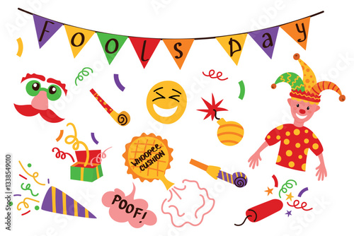 Happy April Fools' Day with clown, funny hat and surprise icons, fart pillow