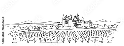 Loire Valley with its grand châteaux surrounded by vineyards linear monoline vector black and white graphic thin oneline